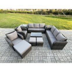 Fimous Rattan Outdoor Garden Furniture Sofa Set Patio Table & Chairs Set with 3 Seater Sofa Reclining Chair 3 Footstools 3 Seater Sofa 2 Side Tables