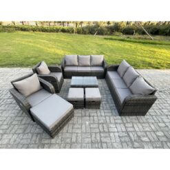 Fimous Rattan Outdoor Garden Furniture Sofa Set Patio Table & Chairs Set with 3 Seater Sofa Reclining Chair 3 Footstools 3 Seater Sofa Dark Grey Mixed