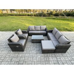 Fimous Rattan Outdoor Garden Furniture Sofa Set Patio Table & Chairs Set with 3 Seater Sofa Reclining Chair Big Footstool Dark Grey Mixed