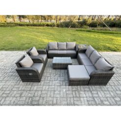 Fimous Rattan Outdoor Garden Furniture Sofa Set Patio Table & Chairs Set with 3 Seater Sofa Reclining Chair Big Footstool Side Table Dark Grey Mixed