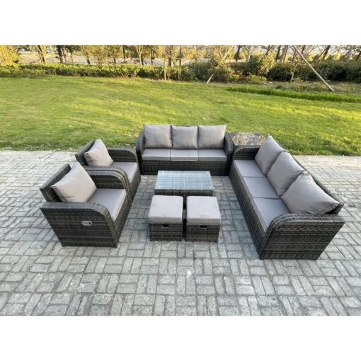 Fimous Rattan Outdoor Garden Furniture Sofa Set Patio Table & Chairs Set with 3 Seater Sofa Reclining Chair Side Table 2 Small Footstools Dark Grey