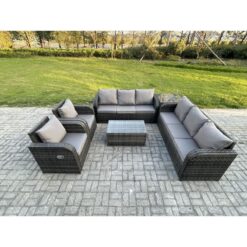 Fimous Rattan Outdoor Garden Furniture Sofa Set Patio Table & Chairs Set with 3 Seater Sofa Reclining Chair Side Table Dark Grey Mixed