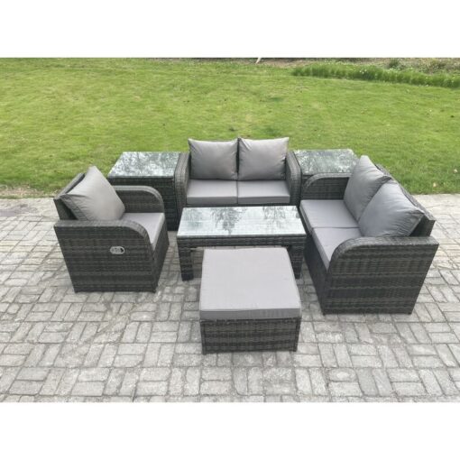 Fimous - Rattan Outdoor Garden Furniture Sofa Set Patio Table & Chairs Set with Big Footstool 2 Side Tables Dark Grey Mixed