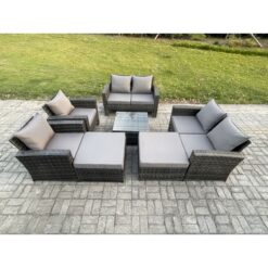 Fimous Rattan Outdoor Garden Furniture Sofa Set Table & Chairs with 2 Big Footstool Dark Grey Mixed