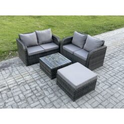 Fimous Rattan Sofa Set Outdoor Garden Furniture Set with Square Coffee Table Loveseat Sofa Big Footstool Dark Grey Mixed