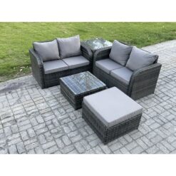 Fimous - Rattan Sofa Set Outdoor Garden Furniture Set with Square Coffee Table Loveseat Sofa Big Footstool Side Table Dark Grey Mixed