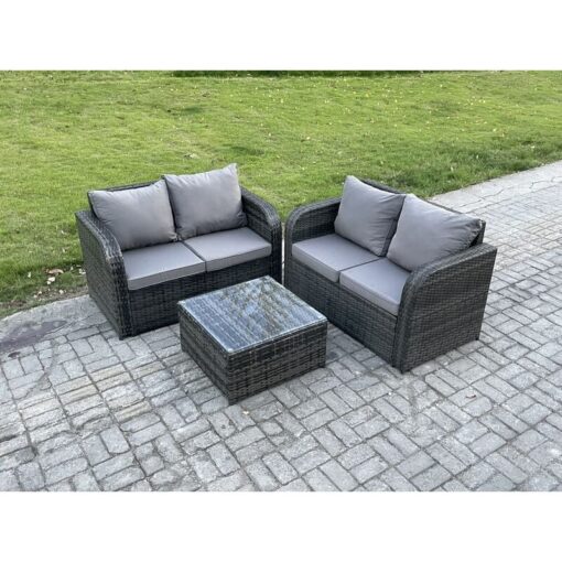 Fimous Rattan Sofa Set Outdoor Garden Furniture Set with Square Coffee Table Loveseat Sofa Dark Grey Mixed