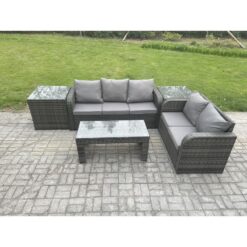 Fimous - Rattan Wicker Garden Furniture Patio Conservatory Sofa Set with Rectangular Coffee Table Reclining Chair 2 Side Tables