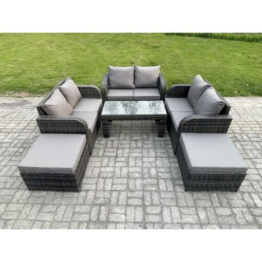 Fimous Rattan Wicker Garden Furniture Patio Conservatory Sofa Set with Rectangular Coffee Table Reclining Chair Love Sofa 2 Big Footstool