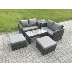 Fimous - Rattan Wicker Garden Furniture Patio Conservatory Sofa Set with Rectangular Coffee Table Reclining Chair Love Sofa 2 Big Footstool Side Table