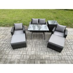 Fimous - Rattan Wicker Garden Furniture Patio Conservatory Sofa Set with Rectangular Dining Table Armchair 2 Seater Sofa 2 Big Footstool Side Table