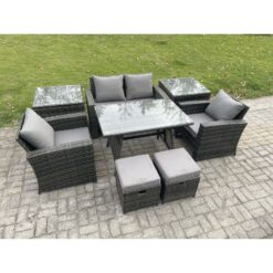 Fimous - Rattan Wicker Garden Furniture Patio Conservatory Sofa Set with Rectangular Dining Table Armchair 2 Seater Sofa 2 Small Footstools 2 Side