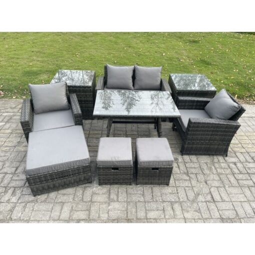 Fimous Rattan Wicker Garden Furniture Patio Conservatory Sofa Set with Rectangular Dining Table Armchair 2 Seater Sofa 3 Footstools 2 Side Tables