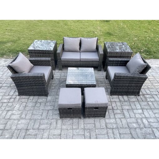 Fimous Rattan Wicker Garden Furniture Patio Conservatory Sofa Set with Square Coffee Table Armchair 2 Seater Sofa 2 Small Footstools 2 Side Tables