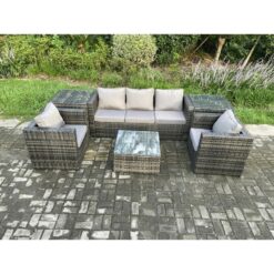 Fimous Wicker 6 Pieces Rattan Garden Furniture Sofa Set with Armchair 2 Side Tables Square Coffee Table Dark Grey Mixed