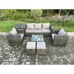 Fimous Wicker 7 Pieces Rattan Garden Furniture Sofa Set with Armchair Side Table Square Coffee Table 2 Small Footstools Dark Grey Mixed