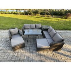 Fimous Wicker 7 Pieces Rattan Garden Furniture Sofa Set with Rectangular Dining Table Armchair 2 Big Footstool Side Table Dark Grey Mixed