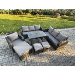 Fimous Wicker 7 Pieces Rattan Garden Furniture Sofa Set with Rectangular Dining Table Armchair 3 Footstools Dark Grey Mixed