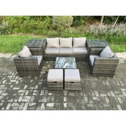 Fimous Wicker 8 Pieces Rattan Garden Furniture Sofa Set with Armchair 2 Side Tables Square Coffee Table 2 Small Footstools Dark Grey Mixed