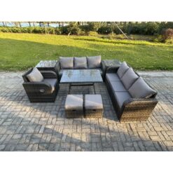 Fimous Wicker 8 Pieces Rattan Garden Furniture Sofa Set with Rectangular Dining Table Armchair 2 Small Footstools 2 Side Tables Dark Grey Mixed