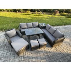 Fimous Wicker 8 Pieces Rattan Garden Furniture Sofa Set with Rectangular Dining Table Armchair 3 Footstools Side Table Dark Grey Mixed