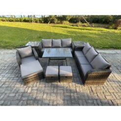 Fimous Wicker 9 Pieces Rattan Garden Furniture Sofa Set with Rectangular Dining Table Armchair 3 Footstools 2 Side Tables Dark Grey Mixed