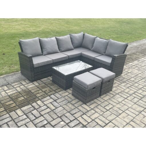 Fimous Wicker PE Outdoor Garden Furniture Set High Back Rattan Corner Sofa Set with Rectangular Coffee Table 2 Small Footstools