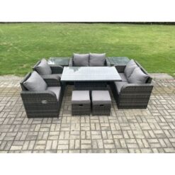 Fimous Wicker PE Rattan Furniture Garden Dining Set Outdoor Height Adjustable Rising lifting Table Love Sofa Chair With 2 Side Table Stools