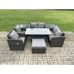 Fimous Wicker PE Rattan Furniture Garden Dining Set Outdoor Height Adjustable Rising lifting Table Love Sofa Chair With 2 Side Tables Stools