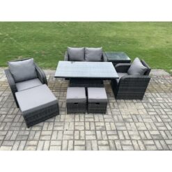 Fimous Wicker PE Rattan Furniture Garden Dining Set Outdoor Height Adjustable Rising lifting Table Love Sofa Chair With Side Table 3 Stools