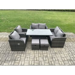 Fimous Wicker PE Rattan Furniture Garden Dining Set Outdoor Height Adjustable Rising lifting Table Love Sofa Chairs With Footstools