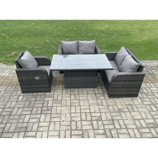 Fimous Wicker PE Rattan Furniture Garden Dining Set Outdoor Height Adjustable Rising lifting Table Love Sofa With Reclining Chair