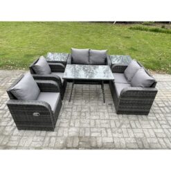 Fimous Wicker PE Rattan Garden Dining Set Outdoor Furniture Sofa with Rectangular Dining Table 2 Side Tables Dark Grey Mixed