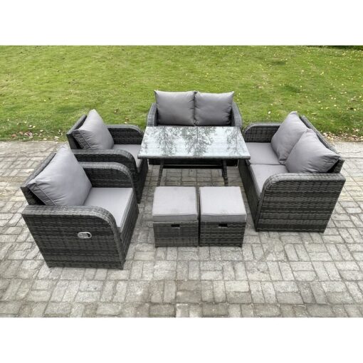 Fimous Wicker PE Rattan Garden Dining Set Outdoor Furniture Sofa with Rectangular Dining Table 2 Small Footstool Dark Grey Mixed