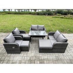 Fimous Wicker PE Rattan Garden Dining Set Outdoor Furniture Sofa with Rectangular Dining Table 3 Footstools Dark Grey Mixed