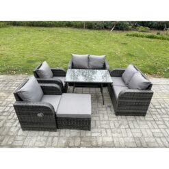 Fimous Wicker PE Rattan Garden Dining Set Outdoor Furniture Sofa with Rectangular Dining Table Big Footstool Dark Grey Mixed