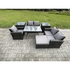 Fimous Wicker PE Rattan Garden Dining Set Outdoor Furniture Sofa with Rectangular Dining Table Love Seat Sofa 2 Side Tables Big Footstool Dark Grey