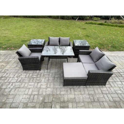 Fimous Wicker PE Rattan Garden Dining Set Outdoor Furniture Sofa with Rectangular Dining Table Love Seat Sofa 2 Side Tables Big Footstool Dark Grey