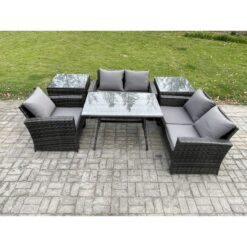 Fimous Wicker PE Rattan Garden Dining Set Outdoor Furniture Sofa with Rectangular Dining Table Love Seat Sofa 2 Side Tables Dark Grey Mixed