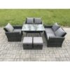 Fimous Wicker PE Rattan Garden Dining Set Outdoor Furniture Sofa with Rectangular Dining Table Love Seat Sofa 2 Small Footstools Dark Grey Mixed