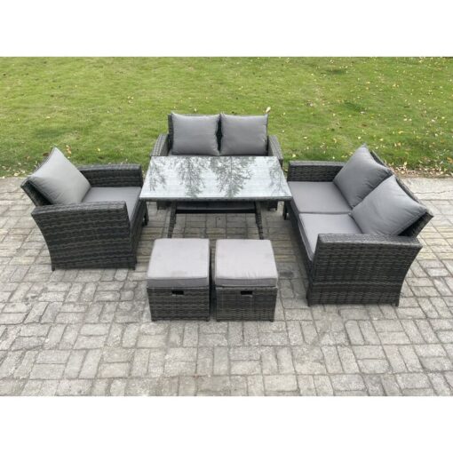 Fimous Wicker PE Rattan Garden Dining Set Outdoor Furniture Sofa with Rectangular Dining Table Love Seat Sofa 2 Small Footstools Dark Grey Mixed