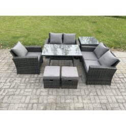 Fimous Wicker PE Rattan Garden Dining Set Outdoor Furniture Sofa with Rectangular Dining Table Love Seat Sofa Side Table 2 Small Footstools Dark Grey