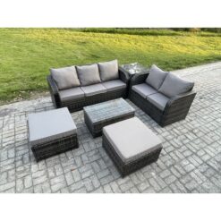 Fimous Wicker PE Rattan Garden Furniture Set 7 Seater Outdoor Lounge Sofa Set with Love Sofa Coffee Table 2 Big Footstool Side Table Dark Grey Mixed