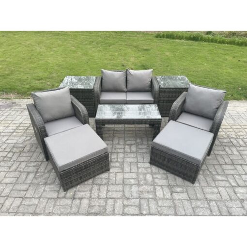 Fimous Wicker PE Rattan Garden Furniture Set Outdoor Lounge Sofa Set with Reclining Chair Coffee Table 2 Side Tables 2 Big Footstool Dark Grey Mixed