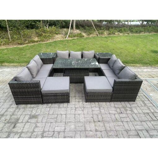 Fimous Wicker PE Rattan Garden Furniture Sofa Set Outdoor Adjustable Rising Lifting Dining Table Set with 2 Side Tables 2 Footstools 11 Seater Dark