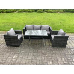 Fimous Wicker PE Rattan Outdoor Furniture Garden Dining Set with Lounge Sofa Oblong Dining Table 2 Armchairs Dark Grey Mixed