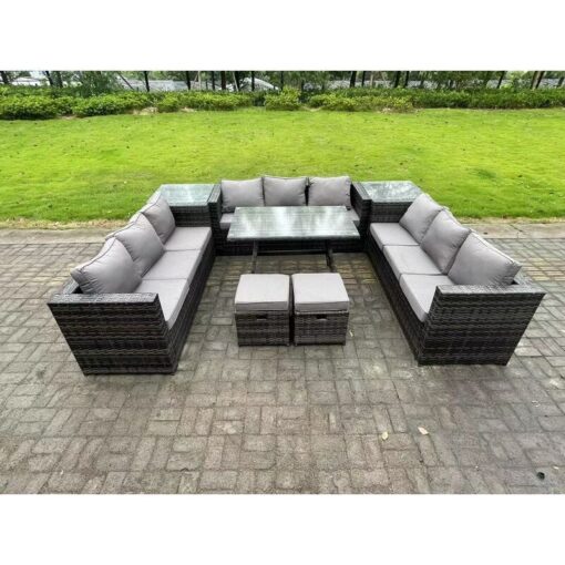 Fimous Wicker PE Rattan Outdoor Furniture Lounge Sofa Garden Dining Set with Dining Table 2 Side Tables 2 Small Footstools Dark Grey Mixed