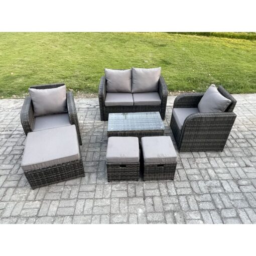 Fimous Wicker PE Rattan Outdoor Furniture Set Garden Love Sofa Coffee Table 2 Armchair 3 Footstools Dark Grey Mixed