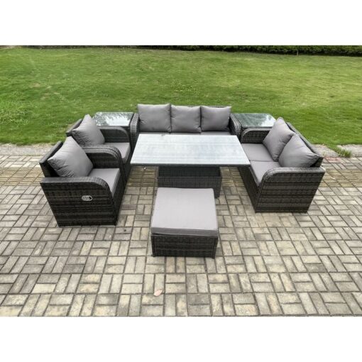 Fimous Wicker PE Rattan Outdoor Garden Furniture Sets Height Adjustable Rising lifting Dining Table Reclining Chair Sofa Set with 2 Side Tables Big