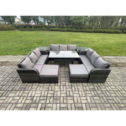 Fimous Wicker PE Rattan Sofa Outdoor Garden Furniture Set with Rectangular Dining Table 2 Big Footstool 2 Side Tables Dark Grey Mixed